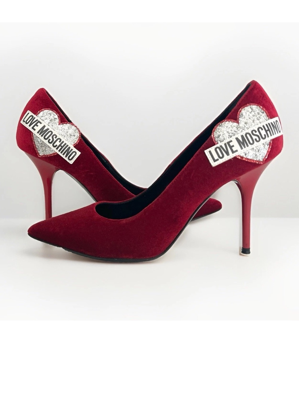 Love Moschino Red Velvet Pointed Toe Heart Patch Pumps Stilettos US 7/Italian 37